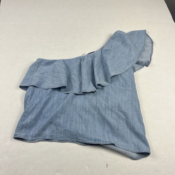 Alice + Olivia One Shoulder Chambray Top Linen Blend Ruffled Blue Shirt Large - Picture 8 of 9